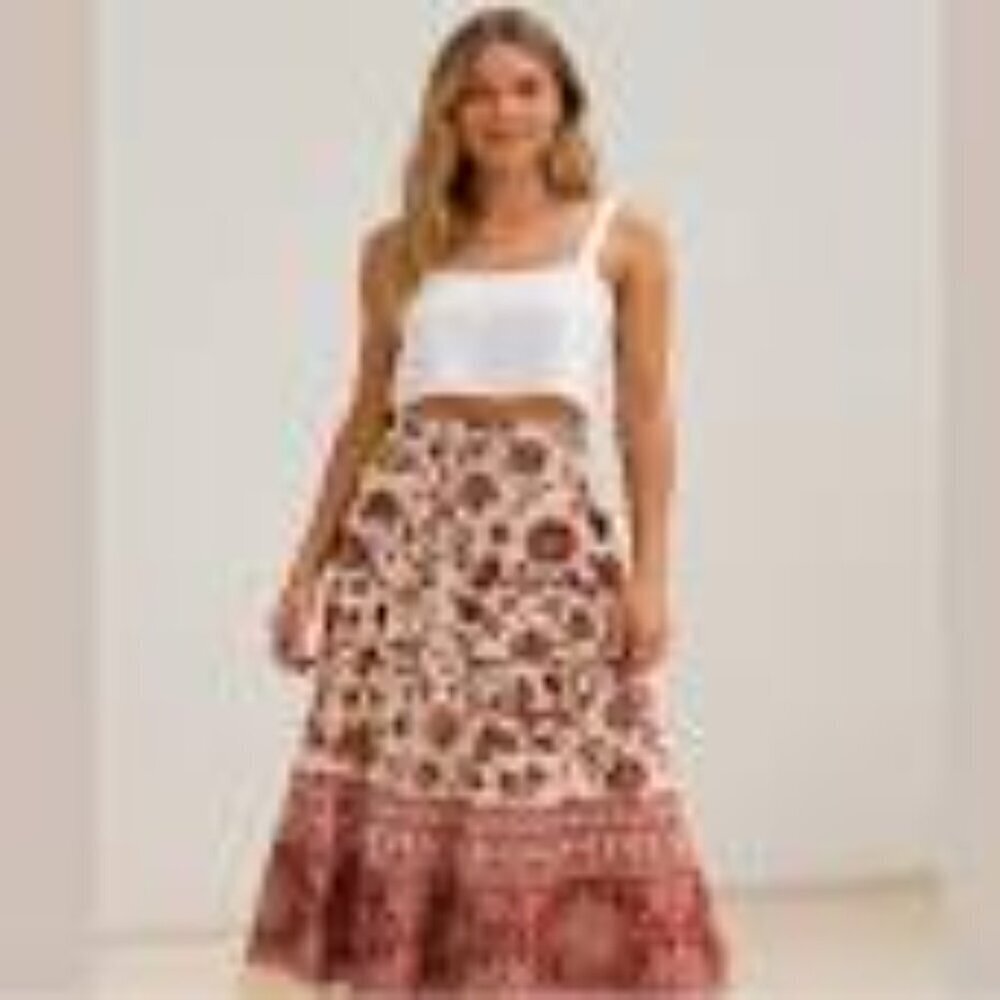 House Of Harlow 1960 Floral Boho Linen Blend Midi Skirt Size M